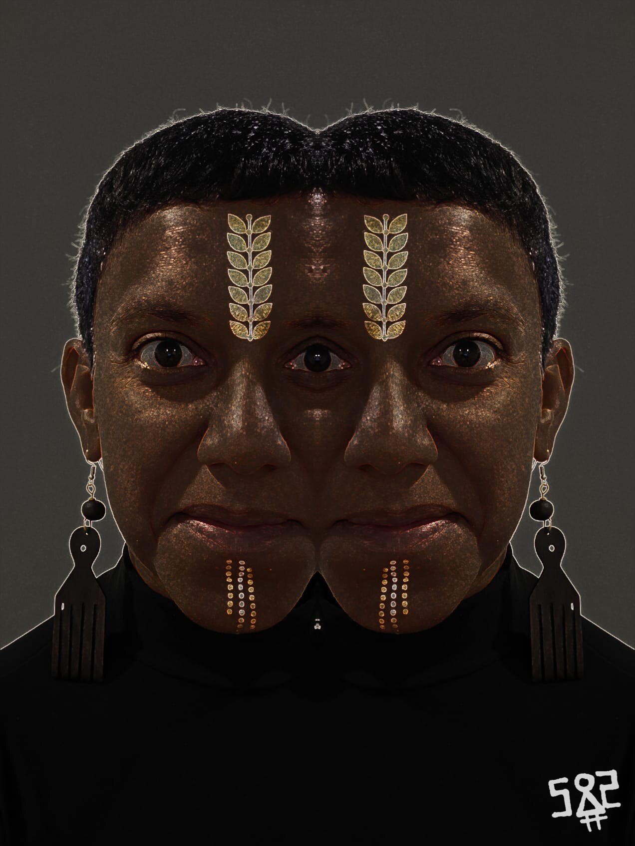 Mirrored gold-leaf portrait of Shiva with afro-pick earrings, the mirror forming a third central eye.